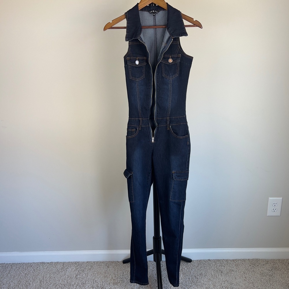 Dark Wash Denim Jumpsuit Romper - Sleeveless Zip Front